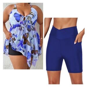 Shein Plus Women’s Butterfly Print Swim Top (20) with Aleumdr Board Shorts (2XL)